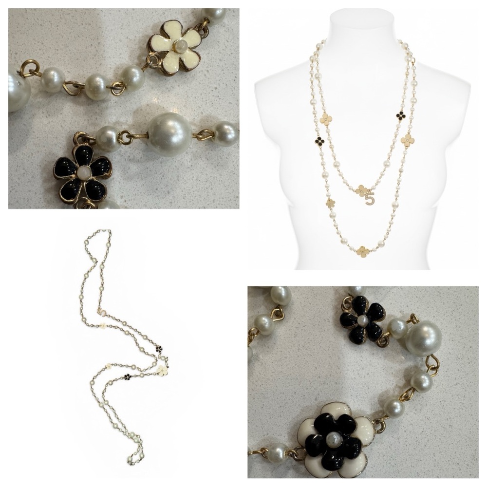 Delicate Pearl & Flower Long Necklace - Gold Tone